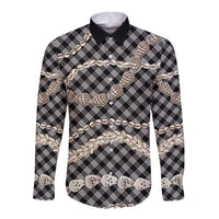 Black Aloha Hawaii Shell Lei Long Sleeve Button Shirt Palaka Hebrew Cone Honey Cowrie Elegant Curves - Polynesian Pride