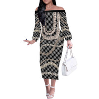 Black Aloha Hawaii Shell Lei Off The Shoulder Long Sleeve Dress Palaka Hebrew Cone Honey Cowrie Elegant Curves LT14 Women Black - Polynesian Pride