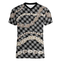 Black Aloha Hawaii Shell Lei Women V-Neck T-Shirt Palaka Hebrew Cone Honey Cowrie Elegant Curves LT14 Female Black - Polynesian Pride
