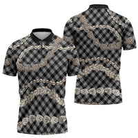 Black Aloha Hawaii Shell Lei Zipper Polo Shirt Palaka Hebrew Cone Honey Cowrie Elegant Curves - Polynesian Pride