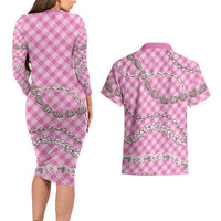 Pink Aloha Hawaii Shell Lei Couples Matching Long Sleeve Bodycon Dress and Hawaiian Shirt Palaka Hebrew Cone Honey Cowrie Elegant Curves - Polynesian Pride
