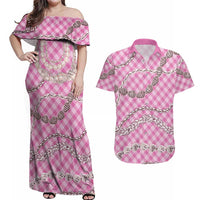 Pink Aloha Hawaii Shell Lei Couples Matching Off Shoulder Maxi Dress and Hawaiian Shirt Palaka Hebrew Cone Honey Cowrie Elegant Curves LT14 Pink - Polynesian Pride
