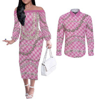 Pink Aloha Hawaii Shell Lei Couples Matching Off The Shoulder Long Sleeve Dress and Long Sleeve Button Shirt Palaka Hebrew Cone Honey Cowrie Elegant Curves - Polynesian Pride