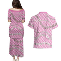 Pink Aloha Hawaii Shell Lei Couples Matching Puletasi and Hawaiian Shirt Palaka Hebrew Cone Honey Cowrie Elegant Curves LT14 - Polynesian Pride
