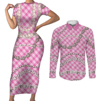 Pink Aloha Hawaii Shell Lei Couples Matching Short Sleeve Bodycon Dress and Long Sleeve Button Shirt Palaka Hebrew Cone Honey Cowrie Elegant Curves LT14 Pink - Polynesian Pride