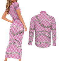 Pink Aloha Hawaii Shell Lei Couples Matching Short Sleeve Bodycon Dress and Long Sleeve Button Shirt Palaka Hebrew Cone Honey Cowrie Elegant Curves LT14 - Polynesian Pride