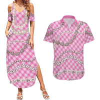 Pink Aloha Hawaii Shell Lei Couples Matching Summer Maxi Dress and Hawaiian Shirt Palaka Hebrew Cone Honey Cowrie Elegant Curves LT14 Pink - Polynesian Pride