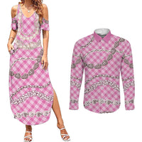 Pink Aloha Hawaii Shell Lei Couples Matching Summer Maxi Dress and Long Sleeve Button Shirt Palaka Hebrew Cone Honey Cowrie Elegant Curves LT14 Pink - Polynesian Pride