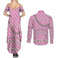 Pink Aloha Hawaii Shell Lei Couples Matching Summer Maxi Dress and Long Sleeve Button Shirt Palaka Hebrew Cone Honey Cowrie Elegant Curves LT14 - Polynesian Pride