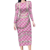 Pink Aloha Hawaii Shell Lei Family Matching Long Sleeve Bodycon Dress and Hawaiian Shirt Palaka Hebrew Cone Honey Cowrie Elegant Curves - Polynesian Pride