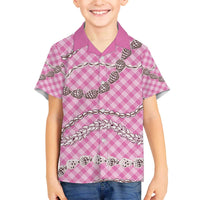 Pink Aloha Hawaii Shell Lei Family Matching Off The Shoulder Long Sleeve Dress and Hawaiian Shirt Palaka Hebrew Cone Honey Cowrie Elegant Curves - Polynesian Pride