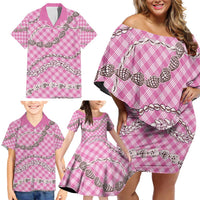 Pink Aloha Hawaii Shell Lei Family Matching Off Shoulder Short Dress and Hawaiian Shirt Palaka Hebrew Cone Honey Cowrie Elegant Curves - Polynesian Pride