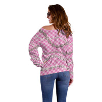 Pink Aloha Hawaii Shell Lei Off Shoulder Sweater Palaka Hebrew Cone Honey Cowrie Elegant Curves - Polynesian Pride