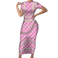 Pink Aloha Hawaii Shell Lei Short Sleeve Bodycon Dress Palaka Hebrew Cone Honey Cowrie Elegant Curves LT14 Long Dress Pink - Polynesian Pride