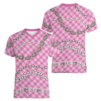 Pink Aloha Hawaii Shell Lei Women V-Neck T-Shirt Palaka Hebrew Cone Honey Cowrie Elegant Curves LT14 - Polynesian Pride