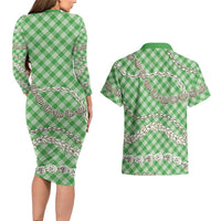 Green Aloha Hawaii Shell Lei Couples Matching Long Sleeve Bodycon Dress and Hawaiian Shirt Palaka Hebrew Cone Honey Cowrie Elegant Curves - Polynesian Pride