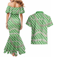 Green Aloha Hawaii Shell Lei Couples Matching Mermaid Dress and Hawaiian Shirt Palaka Hebrew Cone Honey Cowrie Elegant Curves - Polynesian Pride