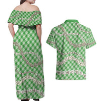 Green Aloha Hawaii Shell Lei Couples Matching Off Shoulder Maxi Dress and Hawaiian Shirt Palaka Hebrew Cone Honey Cowrie Elegant Curves - Polynesian Pride