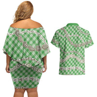 Green Aloha Hawaii Shell Lei Couples Matching Off Shoulder Short Dress and Hawaiian Shirt Palaka Hebrew Cone Honey Cowrie Elegant Curves LT14 - Polynesian Pride