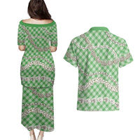 Green Aloha Hawaii Shell Lei Couples Matching Puletasi and Hawaiian Shirt Palaka Hebrew Cone Honey Cowrie Elegant Curves LT14 - Polynesian Pride