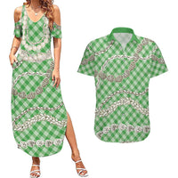 Green Aloha Hawaii Shell Lei Couples Matching Summer Maxi Dress and Hawaiian Shirt Palaka Hebrew Cone Honey Cowrie Elegant Curves LT14 Green - Polynesian Pride
