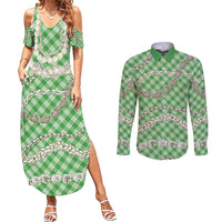 Green Aloha Hawaii Shell Lei Couples Matching Summer Maxi Dress and Long Sleeve Button Shirt Palaka Hebrew Cone Honey Cowrie Elegant Curves - Polynesian Pride