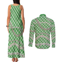 Green Aloha Hawaii Shell Lei Couples Matching Tank Maxi Dress and Long Sleeve Button Shirt Palaka Hebrew Cone Honey Cowrie Elegant Curves - Polynesian Pride