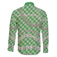 Green Aloha Hawaii Shell Lei Family Matching Off The Shoulder Long Sleeve Dress and Hawaiian Shirt Palaka Hebrew Cone Honey Cowrie Elegant Curves - Polynesian Pride