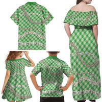 Green Aloha Hawaii Shell Lei Family Matching Off Shoulder Maxi Dress and Hawaiian Shirt Palaka Hebrew Cone Honey Cowrie Elegant Curves LT14 - Polynesian Pride