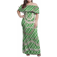 Green Aloha Hawaii Shell Lei Family Matching Off Shoulder Maxi Dress and Hawaiian Shirt Palaka Hebrew Cone Honey Cowrie Elegant Curves LT14 Mom's Dress Green - Polynesian Pride