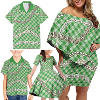 Green Aloha Hawaii Shell Lei Family Matching Off Shoulder Short Dress and Hawaiian Shirt Palaka Hebrew Cone Honey Cowrie Elegant Curves - Polynesian Pride