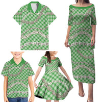 Green Aloha Hawaii Shell Lei Family Matching Puletasi and Hawaiian Shirt Palaka Hebrew Cone Honey Cowrie Elegant Curves - Polynesian Pride