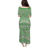 Green Aloha Hawaii Shell Lei Family Matching Puletasi and Hawaiian Shirt Palaka Hebrew Cone Honey Cowrie Elegant Curves - Polynesian Pride