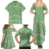 Green Aloha Hawaii Shell Lei Family Matching Summer Maxi Dress and Hawaiian Shirt Palaka Hebrew Cone Honey Cowrie Elegant Curves - Polynesian Pride