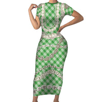 Green Aloha Hawaii Shell Lei Short Sleeve Bodycon Dress Palaka Hebrew Cone Honey Cowrie Elegant Curves LT14 Long Dress Green - Polynesian Pride