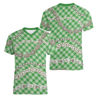 Green Aloha Hawaii Shell Lei Women V-Neck T-Shirt Palaka Hebrew Cone Honey Cowrie Elegant Curves LT14 - Polynesian Pride