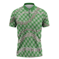 Green Aloha Hawaii Shell Lei Zipper Polo Shirt Palaka Hebrew Cone Honey Cowrie Elegant Curves LT14 Green - Polynesian Pride