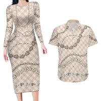 Beige Aloha Hawaii Shell Lei Couples Matching Long Sleeve Bodycon Dress and Hawaiian Shirt Palaka Hebrew Cone Honey Cowrie Elegant Curves - Polynesian Pride