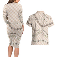 Beige Aloha Hawaii Shell Lei Couples Matching Long Sleeve Bodycon Dress and Hawaiian Shirt Palaka Hebrew Cone Honey Cowrie Elegant Curves - Polynesian Pride