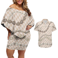 Beige Aloha Hawaii Shell Lei Couples Matching Off Shoulder Short Dress and Hawaiian Shirt Palaka Hebrew Cone Honey Cowrie Elegant Curves - Polynesian Pride