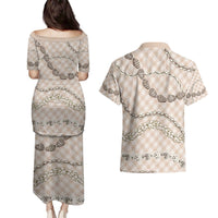 Beige Aloha Hawaii Shell Lei Couples Matching Puletasi and Hawaiian Shirt Palaka Hebrew Cone Honey Cowrie Elegant Curves - Polynesian Pride