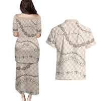 Beige Aloha Hawaii Shell Lei Couples Matching Puletasi and Hawaiian Shirt Palaka Hebrew Cone Honey Cowrie Elegant Curves LT14 - Polynesian Pride
