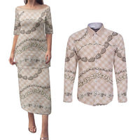 Beige Aloha Hawaii Shell Lei Couples Matching Puletasi and Long Sleeve Button Shirt Palaka Hebrew Cone Honey Cowrie Elegant Curves LT14 Beige - Polynesian Pride
