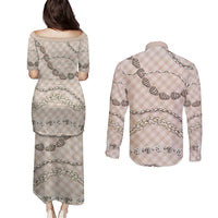Beige Aloha Hawaii Shell Lei Couples Matching Puletasi and Long Sleeve Button Shirt Palaka Hebrew Cone Honey Cowrie Elegant Curves - Polynesian Pride