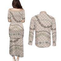 Beige Aloha Hawaii Shell Lei Couples Matching Puletasi and Long Sleeve Button Shirt Palaka Hebrew Cone Honey Cowrie Elegant Curves LT14 - Polynesian Pride