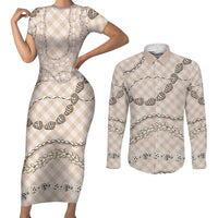 Beige Aloha Hawaii Shell Lei Couples Matching Short Sleeve Bodycon Dress and Long Sleeve Button Shirt Palaka Hebrew Cone Honey Cowrie Elegant Curves LT14 Beige - Polynesian Pride
