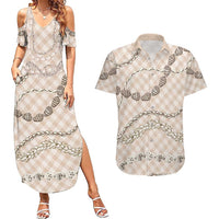 Beige Aloha Hawaii Shell Lei Couples Matching Summer Maxi Dress and Hawaiian Shirt Palaka Hebrew Cone Honey Cowrie Elegant Curves LT14 Beige - Polynesian Pride