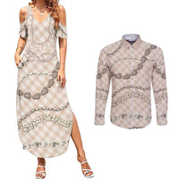 Beige Aloha Hawaii Shell Lei Couples Matching Summer Maxi Dress and Long Sleeve Button Shirt Palaka Hebrew Cone Honey Cowrie Elegant Curves LT14 Beige - Polynesian Pride