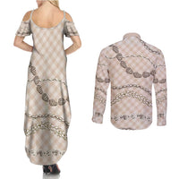 Beige Aloha Hawaii Shell Lei Couples Matching Summer Maxi Dress and Long Sleeve Button Shirt Palaka Hebrew Cone Honey Cowrie Elegant Curves - Polynesian Pride