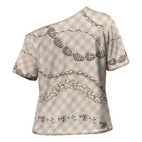 Beige Aloha Hawaii Shell Lei Cross Shoulder Shirt Palaka Hebrew Cone Honey Cowrie Elegant Curves - Polynesian Pride